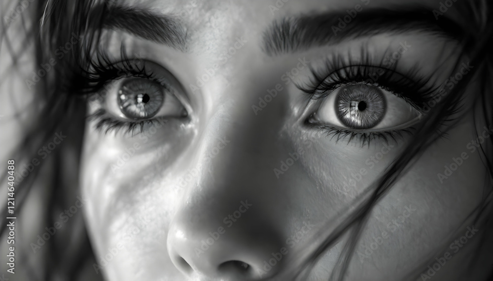 Close-up monochrome shot of a person's eyes with dark eyelashes, showcasing a candid and natural style Close-up monochrome shot of a person's eyes with dark eyelashes, showcasing a candid and natural style