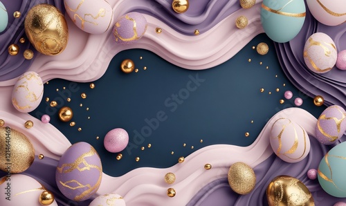 festive easter eggs with bright bibrant colours, golden dust and sparkles, colour waves. Top view.
