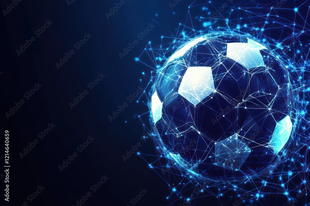 Fototapeta premium Futuristic soccer ball, digital, dark background, network, sports promotion