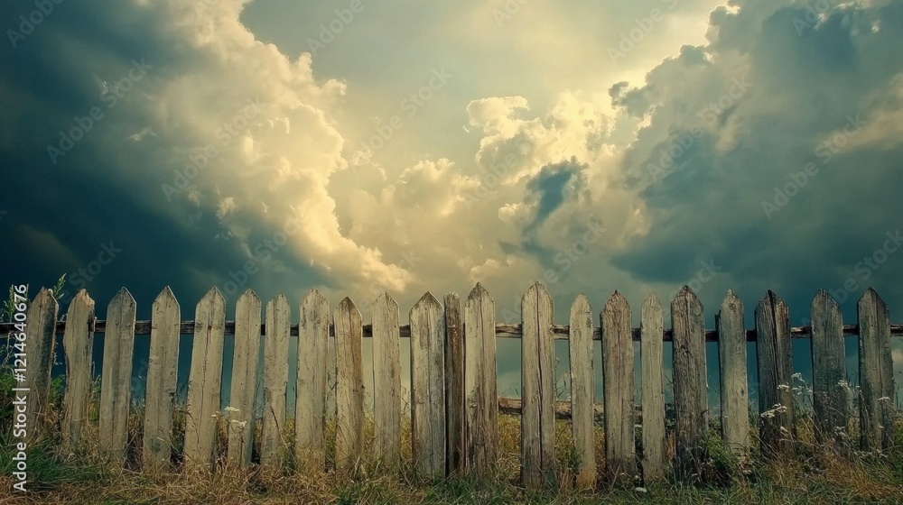Obraz premium Weathered Wooden Fence with Dramatic Clouds and Soft Light