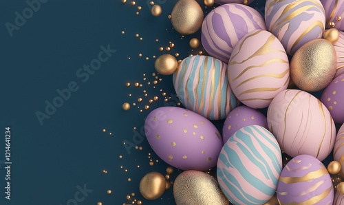 festive easter eggs with bright bibrant colours, golden dust and sparkles, colour waves. Top view.