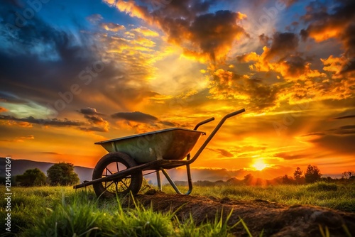 Silhouette of Vintage Wheelbarrow at Sunset - Rustic Farm Scene Stock Photo
