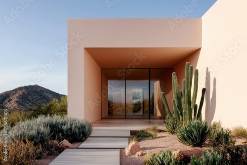 A stylish entrance of a modern desert home invites exploration with its sleek architecture, providing a dynamic blend of artistry, functionality, and natural beauty. photo