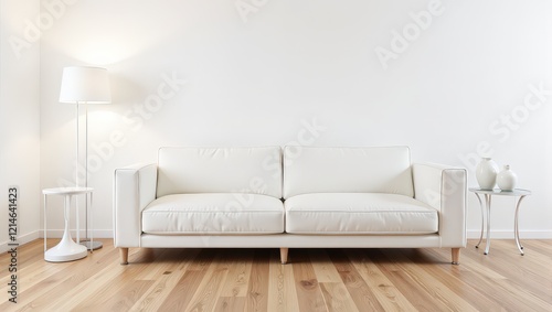 Elegant white leather couch sits before a pristine white wall, complemented by a sleek glass table to its right adorned with delicate white vases photo