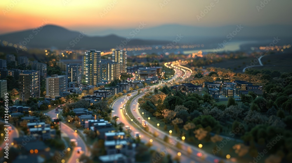 Naklejka premium Aerial view of a vibrant cityscape at sunset with winding roads and illuminated buildings