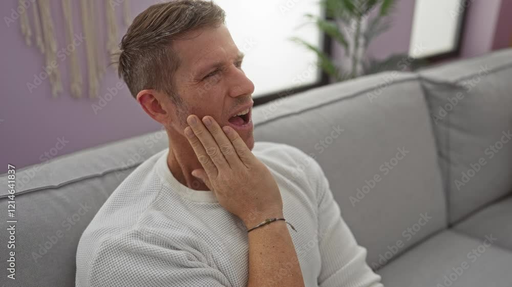Young man sitting on a sofa in a living room, wearing a white sweater, appears to have a facial expression of discomfort or pain, touching his cheek with a thoughtful look. Young man sitting on a sofa in a living room, wearing a white sweater, appears to have a facial expression of discomfort or pain, touching his cheek with a thoughtful look.