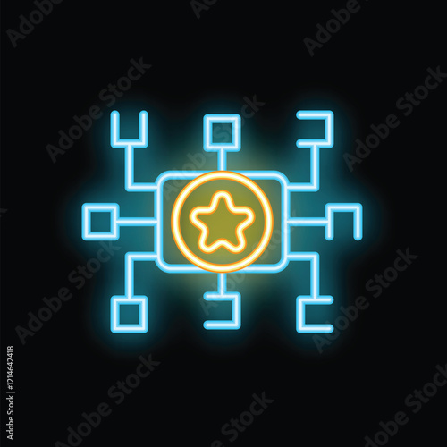 Neon sign illuminating a star shape inside a microchip, symbolizing a non fungible token - nft - , against a dark background