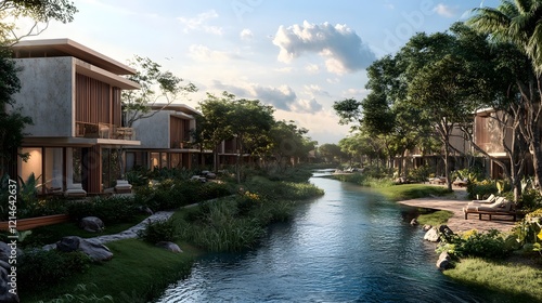 Resort area with lush greenery, tranquil water feature reflecting blue skies, perfect for relaxation or vacation planning.