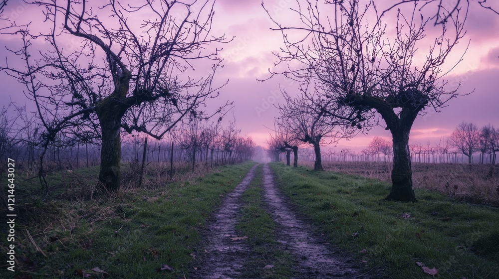 Tranquil Winter Stroll in Orchards at Pink Dawn Light - Cinematic Ultra-Detailed Scene with Footsteps Tranquil Winter Stroll in Orchards at Pink Dawn Light - Cinematic Ultra-Detailed Scene with Footsteps