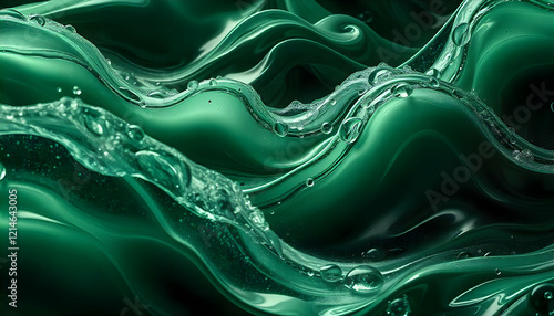 Abstract green fluid with water droplets creates a dynamic and smooth wavy pattern
