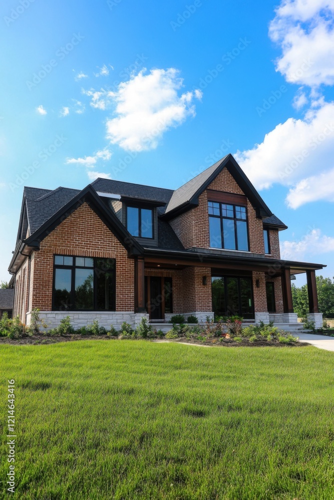 Modern brick house in suburban setting showcasing large windows and lush green lawn under a bright blue sky during daytime Modern brick house in suburban setting showcasing large windows and lush green lawn under a bright blue sky during daytime