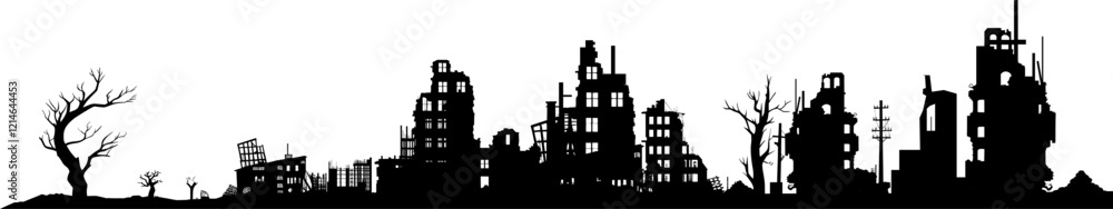 Naklejka premium Vektor Silhouette Skyline Stadt - Katastrophe und Zerstörung der Gebäude -Design Element Ebene - Dystopisches Panorama