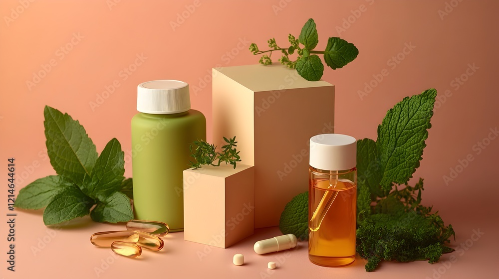 A bottle of pills is on a table next to a bottle of oil A bottle of pills is on a table next to a bottle of oil