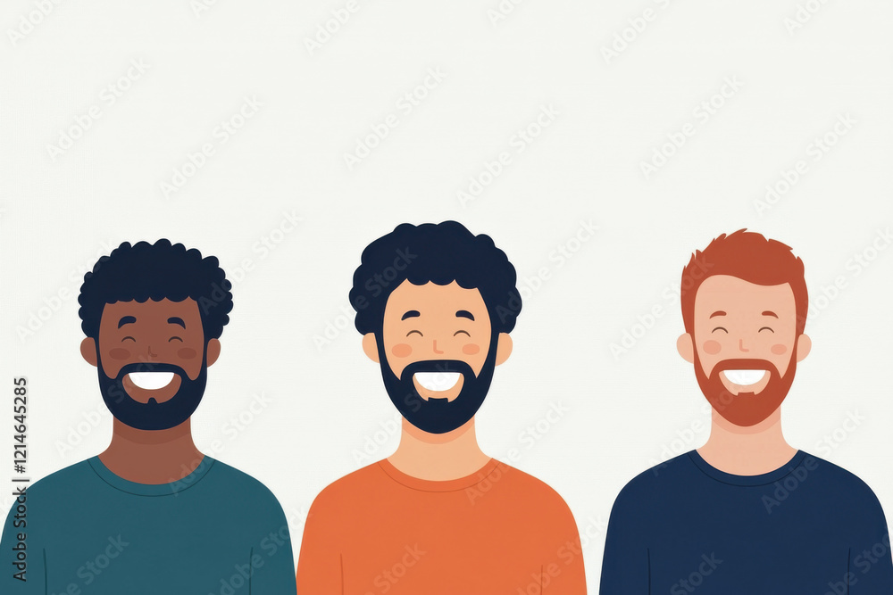 Fototapeta premium Three men with different hair colors and beards are smiling at the camera