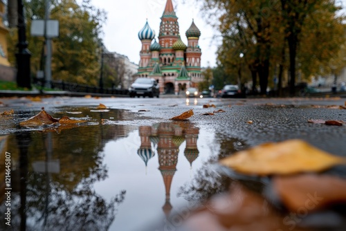 Featuring the unique reflection of a cathedral in a rain puddle, this image emphasizes beauty, color, and the emotional connection people have with architecture. photo