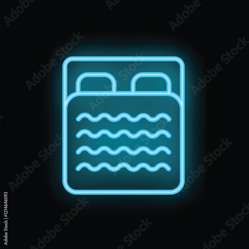 Blue neon icon of a double bed glowing on dark background