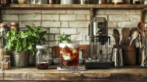 Rustic kitchen counter with vintage utensils soda siphon cola photo