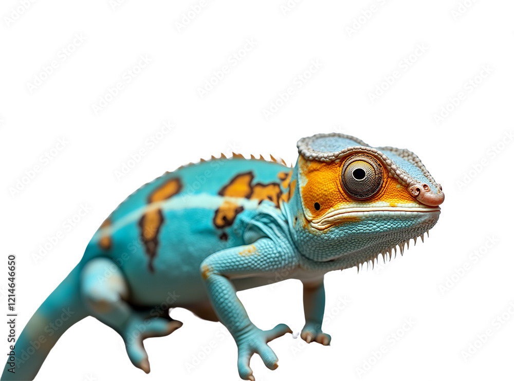 Close-Up of Vibrant Blue and Yellow Chameleon on Branch Close-Up of Vibrant Blue and Yellow Chameleon on Branch