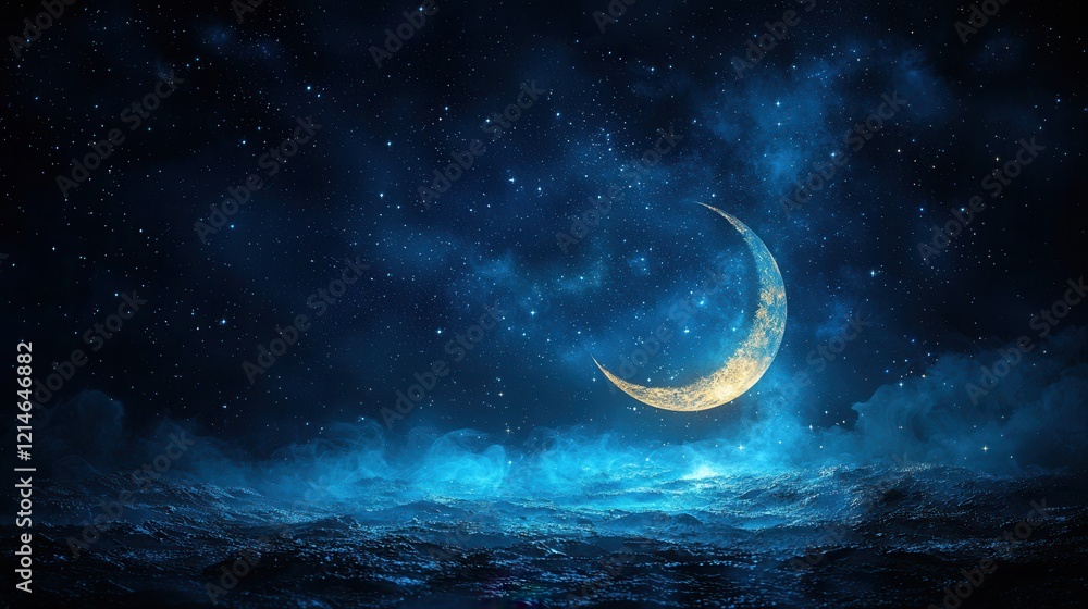 Obraz premium Crescent Moon over City at Night A Serene Nightscape