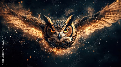 Owl with glowing constellations in its wings, blending into the galaxy, 3D illustration photo