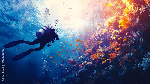 Wallpaper Mural Scuba diver exploring the vibrant sea, surrounded by marine life, creating an adventurous and peaceful underwater scene, perfect for ocean-themed designs. Torontodigital.ca