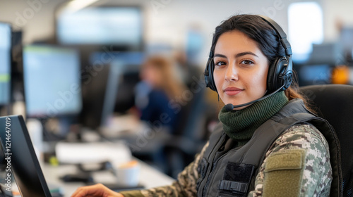 Hispanic woman in military uniform and headset working with a laptop at control room