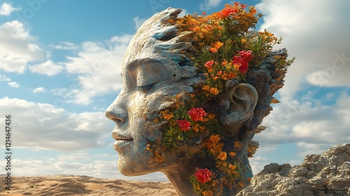 Statue with floral arrangement on head surrounded by greenery in outdoor setting photo