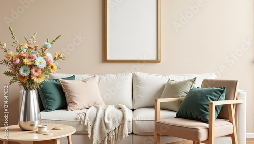 Elegant white sofa adorned with plush pillows, paired with a chic wooden table featuring a vibrant flower-filled vase, creating an inviting and stylish living room scene photo