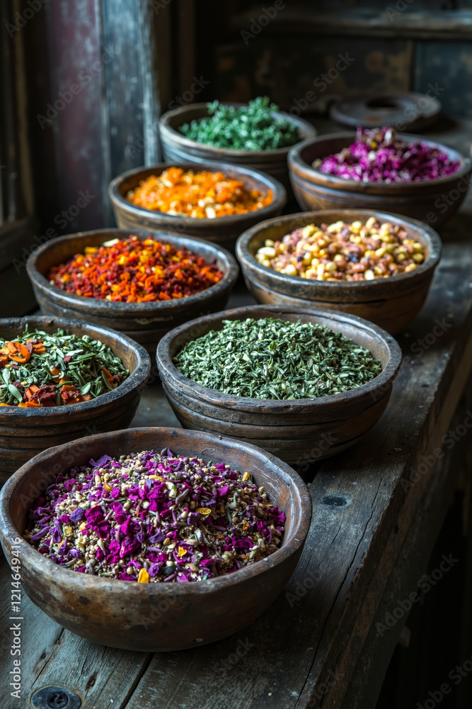 A wooden table topped with bowls filled with different types of herbs A wooden table topped with bowls filled with different types of herbs