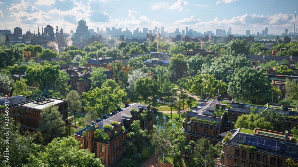 Fototapeta premium Aerial view of a lush urban neighborhood with green parks and modern buildings under a bright sky