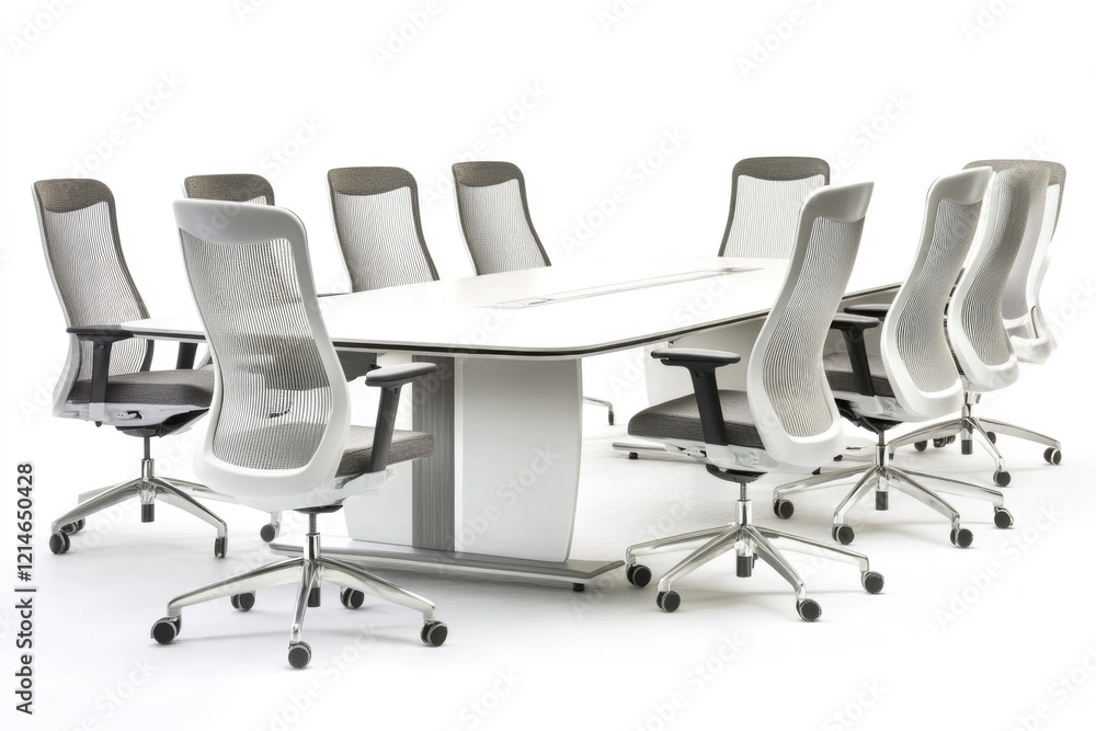 Obraz premium A standard conference table with chairs arranged around it, suitable for business meetings and presentations