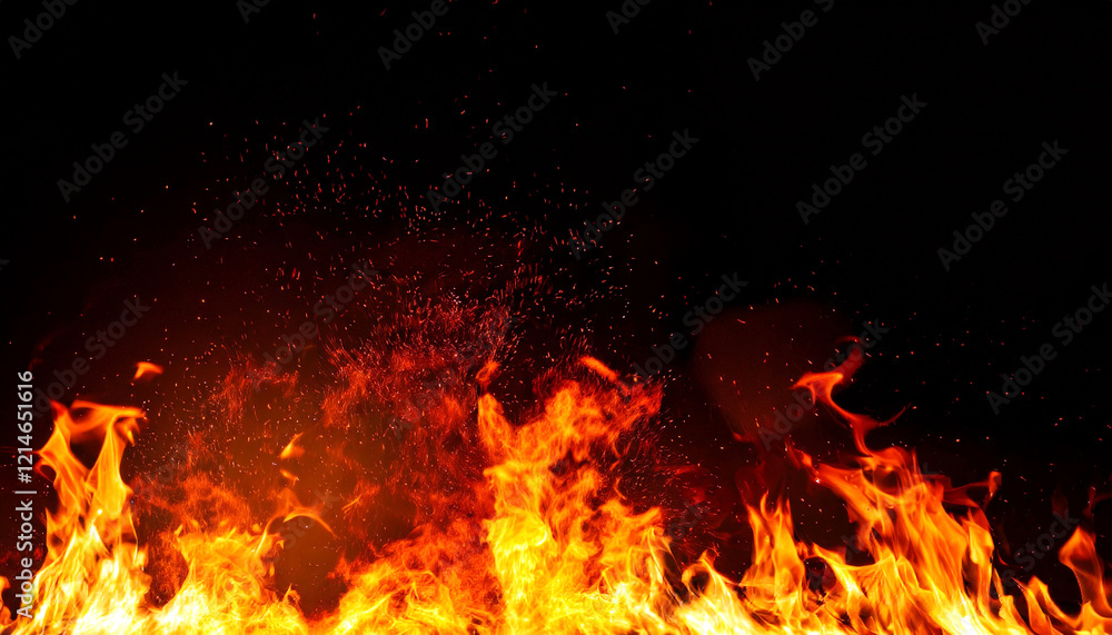 Frame of flames on a black background with fire ember particles Frame of flames on a black background with fire ember particles