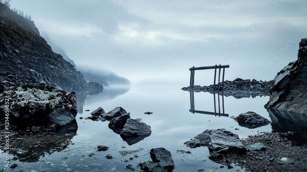 Loneliness breathing through the misty landscape serene waters quiet reflection nature's embrace atmospheric calm Loneliness breathing through the misty landscape serene waters quiet reflection nature's embrace atmospheric calm