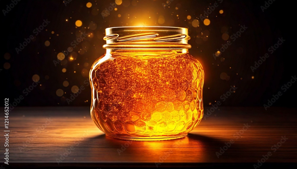glass jar filled with sparkling honey, surrounded by golden light.- glass jar filled with sparkling honey, surrounded by golden light.-