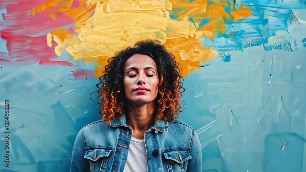 A woman poses with her arms behind her as she stands against a colorful mural. The bright colors create a lively atmosphere, showcasing urban creativity. She exudes confidence and style. A woman poses with her arms behind her as she stands against a colorful mural. The bright colors create a lively atmosphere, showcasing urban creativity. She exudes confidence and style.