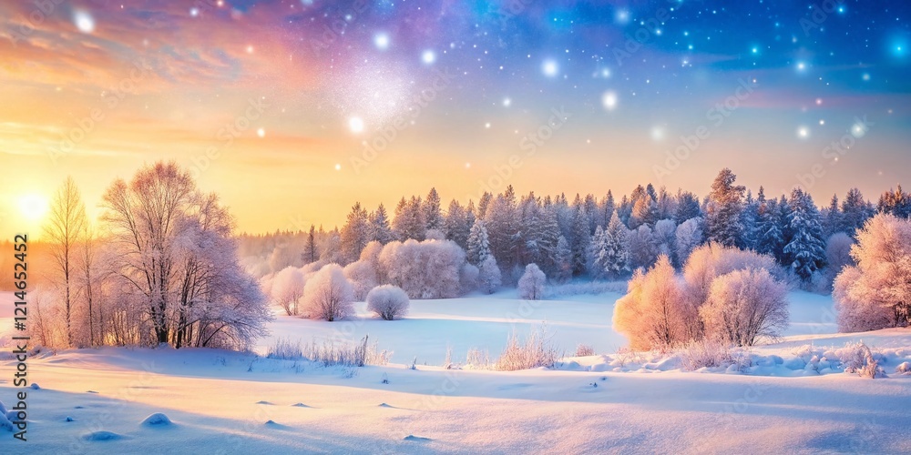 Fototapeta premium Snow Covered Winter Landscape in Kaluga Region, Russia - Bokeh Effect