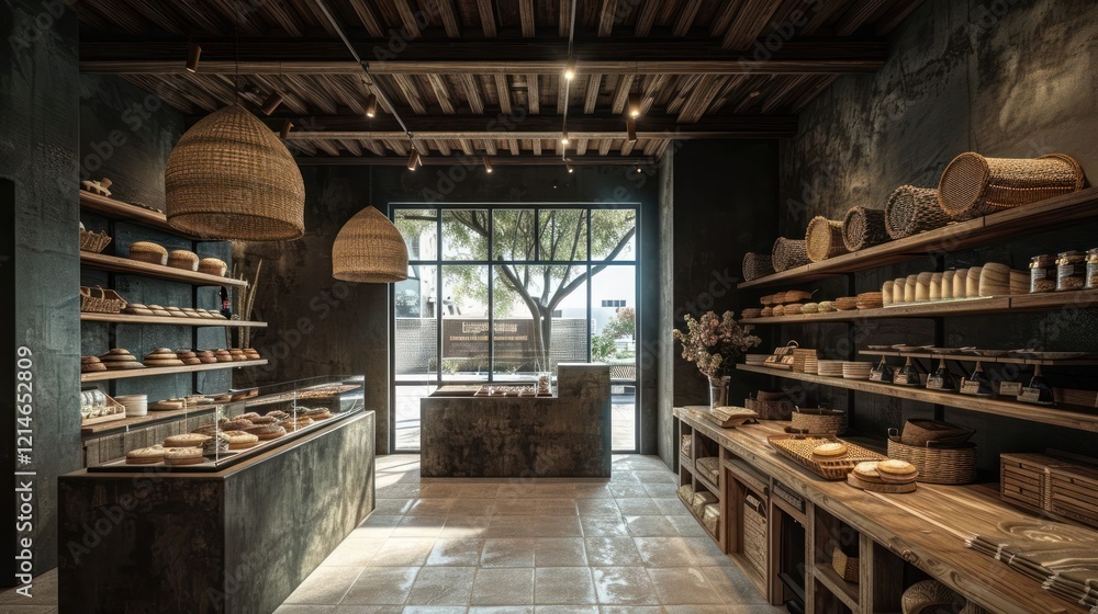 Obraz premium Modern bakery interior showcasing artisanal bread and pastries with natural light and decor