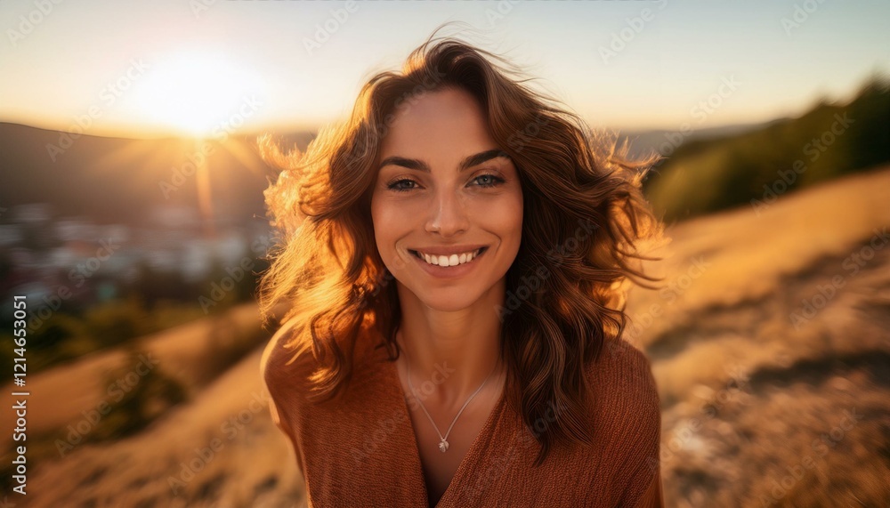笑顔で笑う幸せそうな金髪の女性。AIで生成 笑顔で笑う幸せそうな金髪の女性。AIで生成