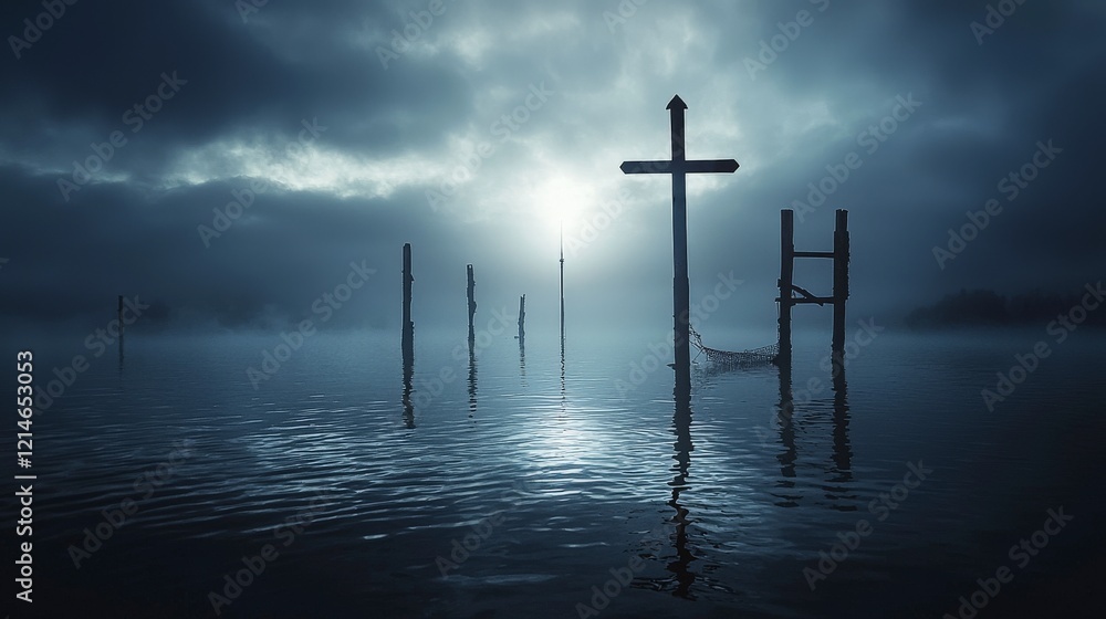 Lonely rhythms piercing through dense fog serene waters landscape photography tranquil environment dramatic viewpoint Lonely rhythms piercing through dense fog serene waters landscape photography tranquil environment dramatic viewpoint
