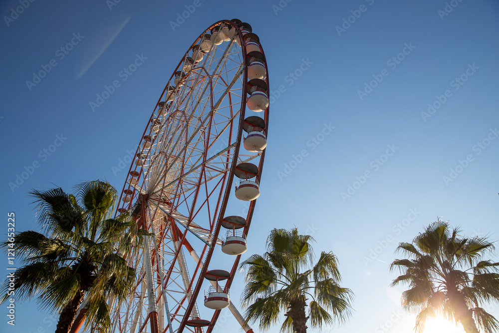 Fototapeta premium This image captures a majestic ferris wheel, in batumi, georgia intertwined with lush tropical palm leaves under a sky, symbolizing a blend of nature and amusement