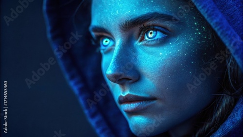 A captivating portrait with a single side drenched in electric blue neon. The light brings forth the brilliance of the subjects eyes while the shadows lend a mysterious allure photo