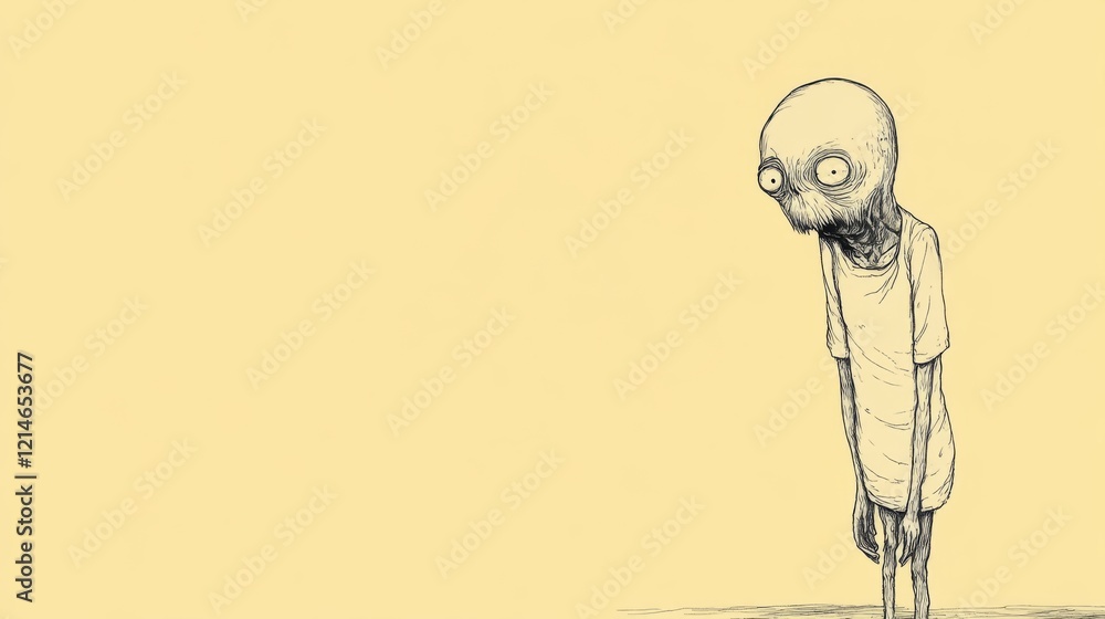 Sketch of a thin, bald figure with a skull-like head, appearing sad and emaciated, set against a pale yellow background. Sketch of a thin, bald figure with a skull-like head, appearing sad and emaciated, set against a pale yellow background.