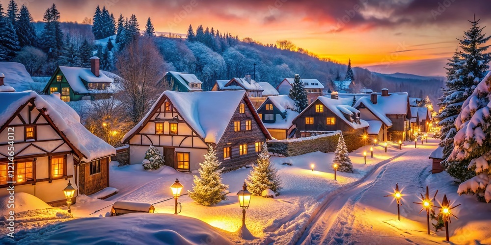 Snowy Winter Evening in a Charming Village with Festive Lights - Documentary Photography Snowy Winter Evening in a Charming Village with Festive Lights - Documentary Photography