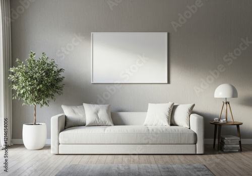 A modern minimalist living room with a large white sofa, gray low-profile furniture and a potted plant