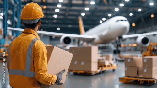 aviationbusiness  aircargo infrastructure concept. Worker in a warehouse preparing for cargo loading onto an airplane. photo