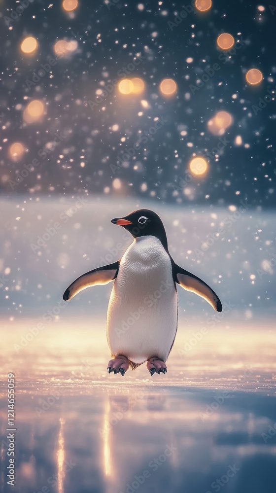 Fototapeta premium Ad?lie Penguin Walking on Ice in Snowfall at Sunset
