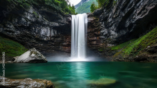 Majestic waterfall cascading into serene turquoise pool, surrounded by lush greenery and rocky cliffs