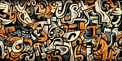 A colorful graffiti mural with a blue and orange swirl , background.