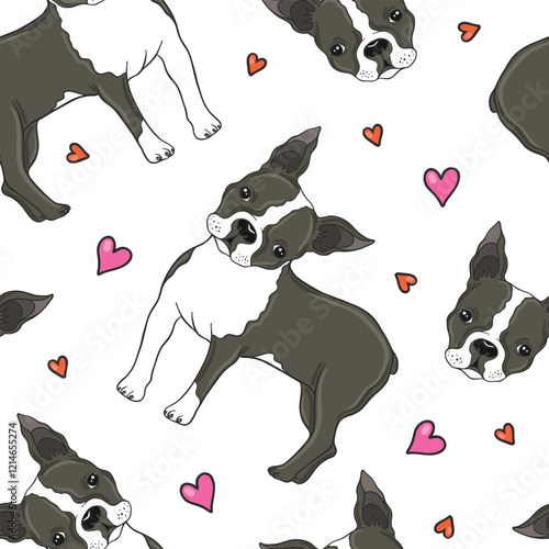 Boston terrier dog and hearts vector seamless pattern.