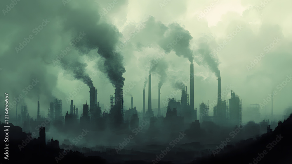 industrial zone with chimneys releasing plumes of smoke into the atmosphere industrial zone with chimneys releasing plumes of smoke into the atmosphere